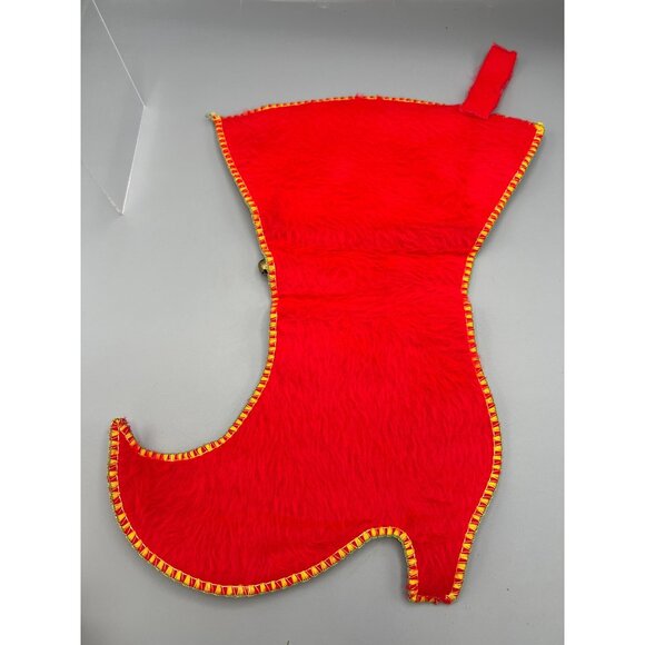 Vintage Christmas Stocking High Heel Boot with Bells and Holly Soft Fur 15" Tall - Picture 4 of 9